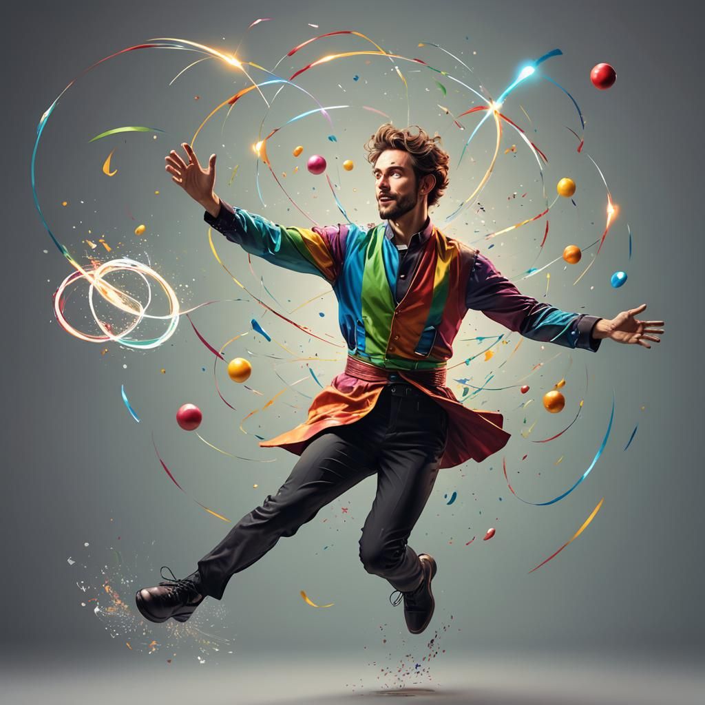 Levitating Juggler in Hyperrealistic Splash Art