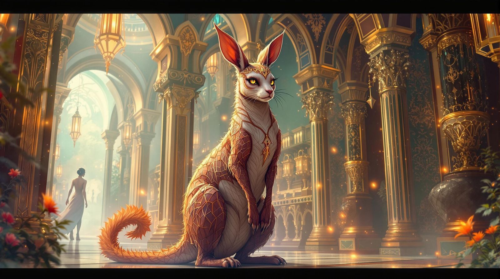 Ethereal Creature Amidst Majestic, Golden Structures