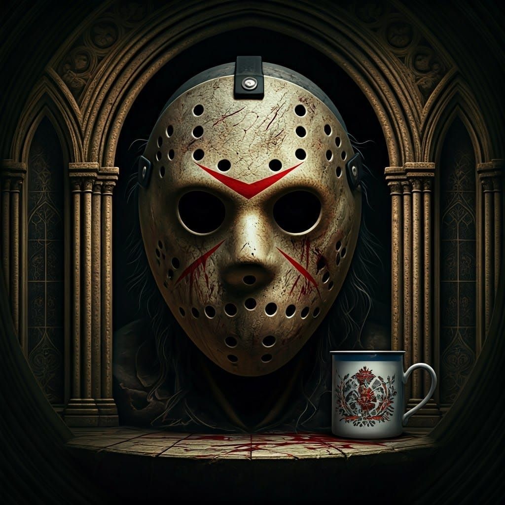 Dark Academia Gothic Mosaic of Jason's Bloody Hockey Mask