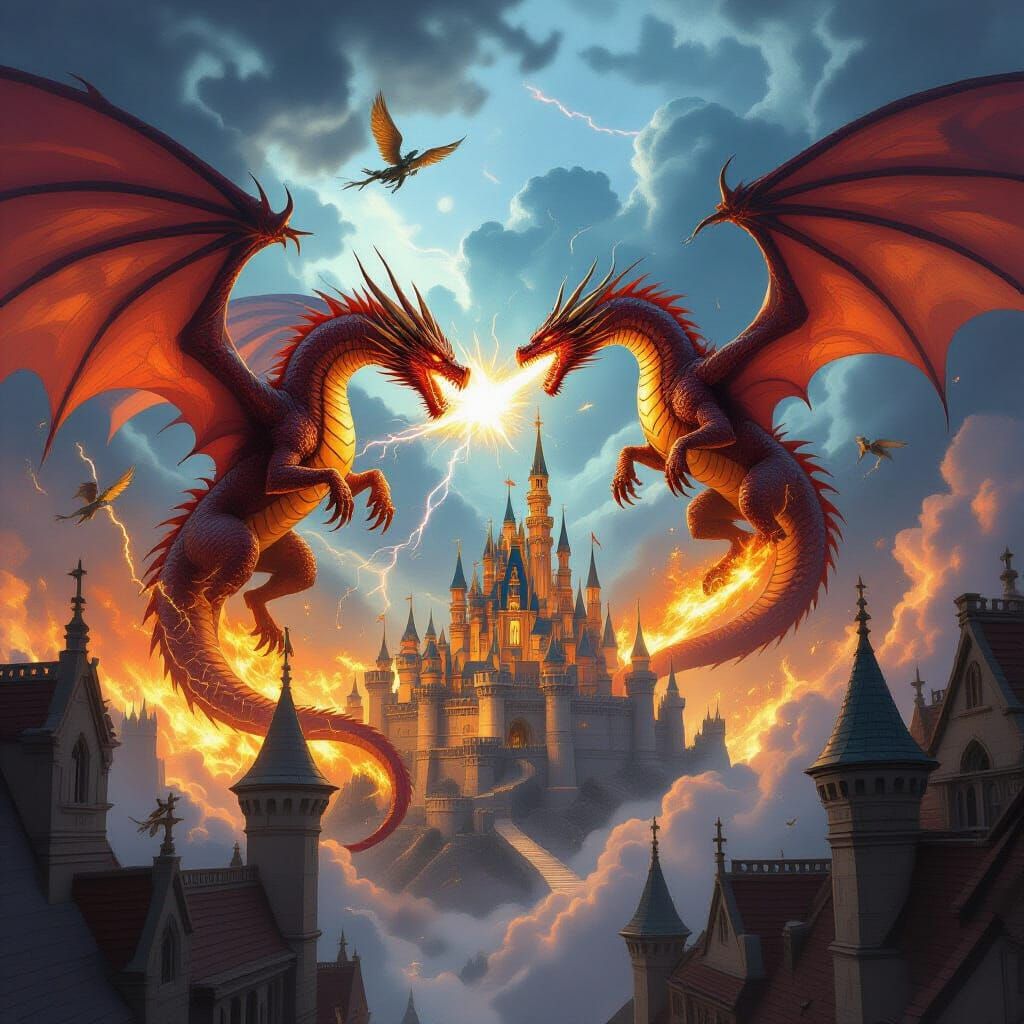 Epic Dragon Battle Above Castle, High-Fantasy Concept Art