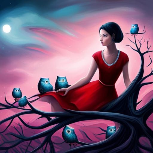 Girl in Tree with Owls: Dreamy Nocturne