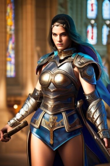 Fierce Armored Woman in Cathedral, Digital Art