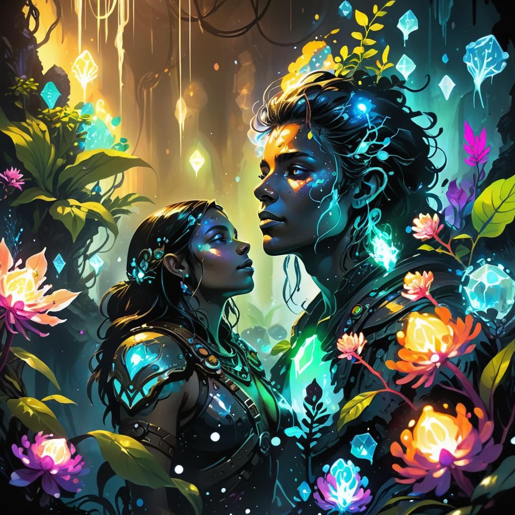 Adventurer in Dark Fantasy Setting with Bioluminescent Flora