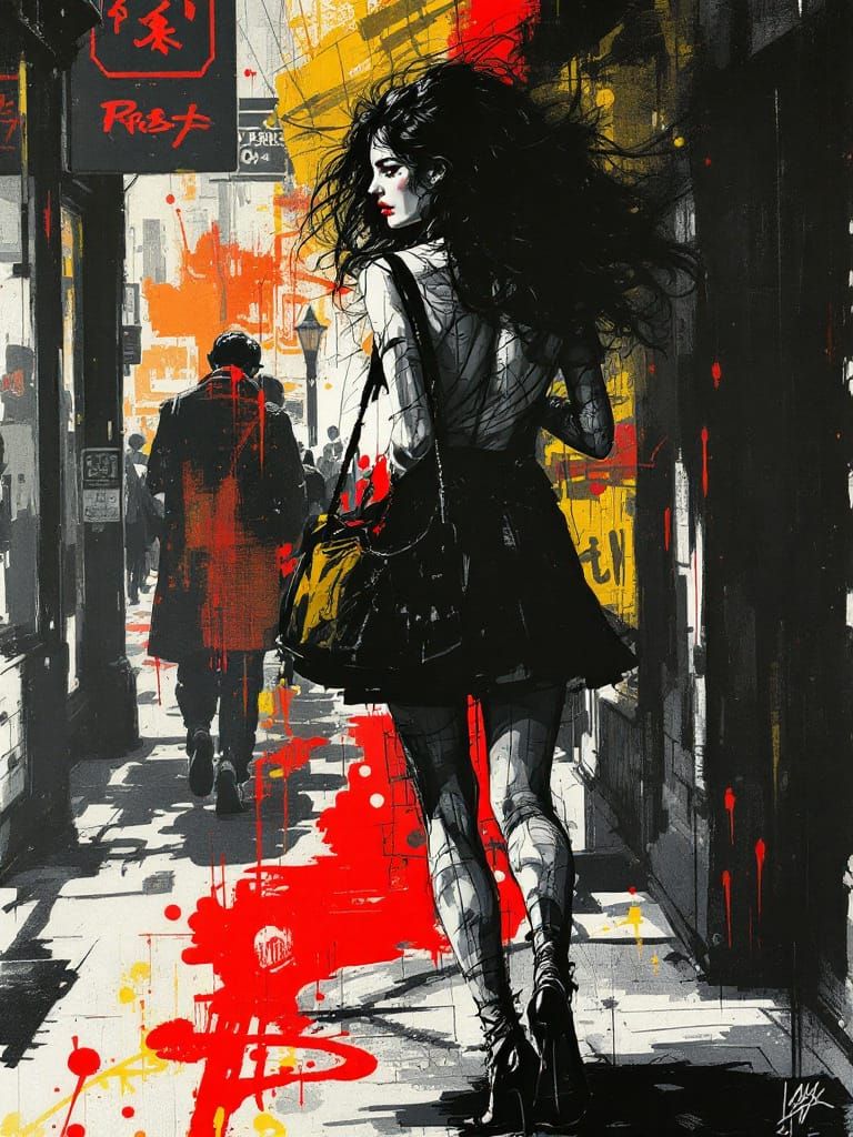 Expressive Pin-Up Woman in German Expressionist Cityscape