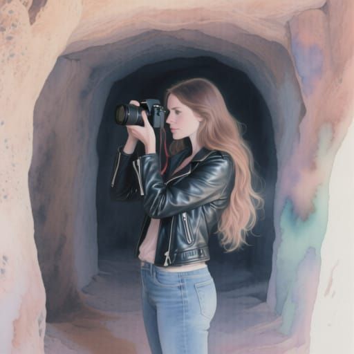 Woman Photographing Dungeon in Pastel Watercolor Style