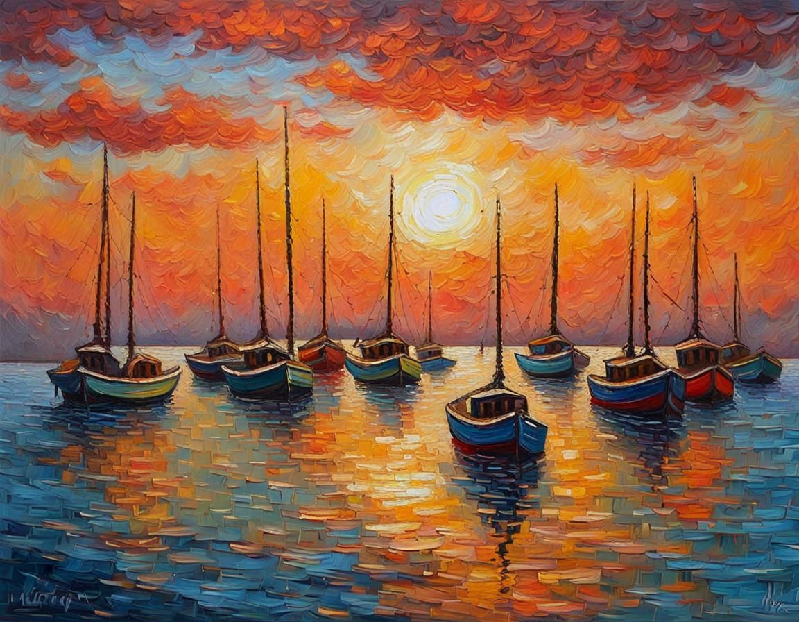 Fishing Boats at Sunset: Neo-Impressionist Oil Painting