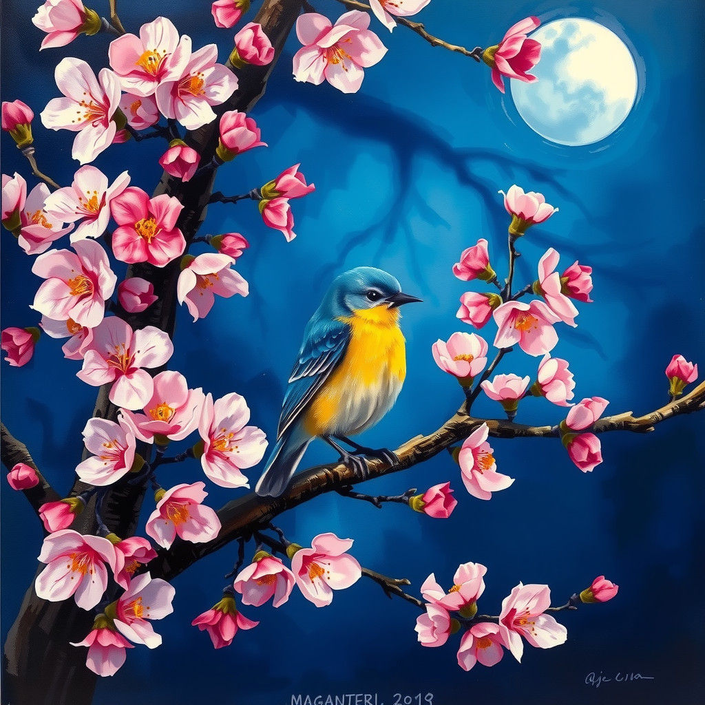Blue and Yellow Bird on Cherry Branch