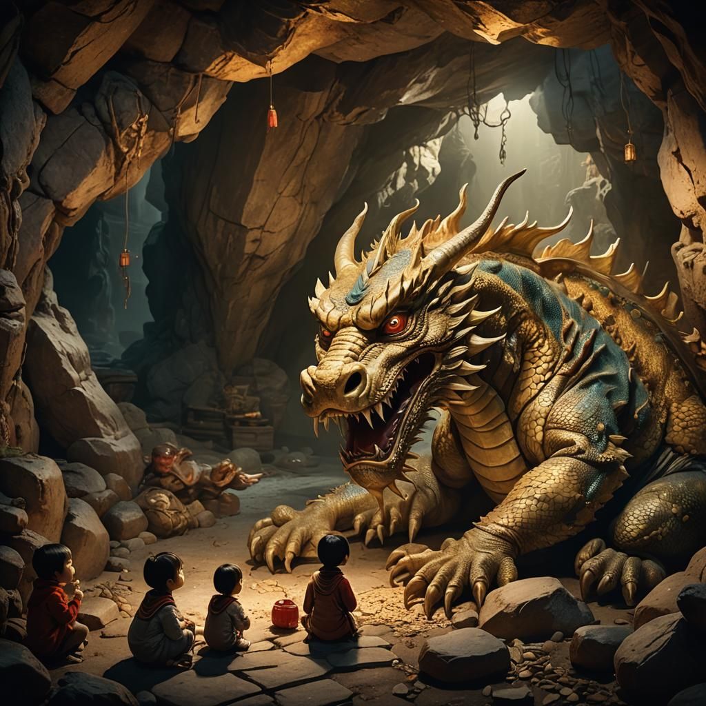 Chinese Dragon Mother Coddling Children in Cave