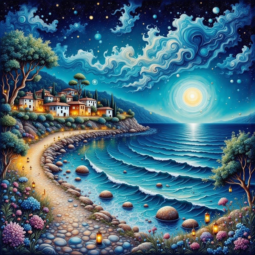 Dreamy Mediterranean Night Scene with Swirling Turquoise Pat...