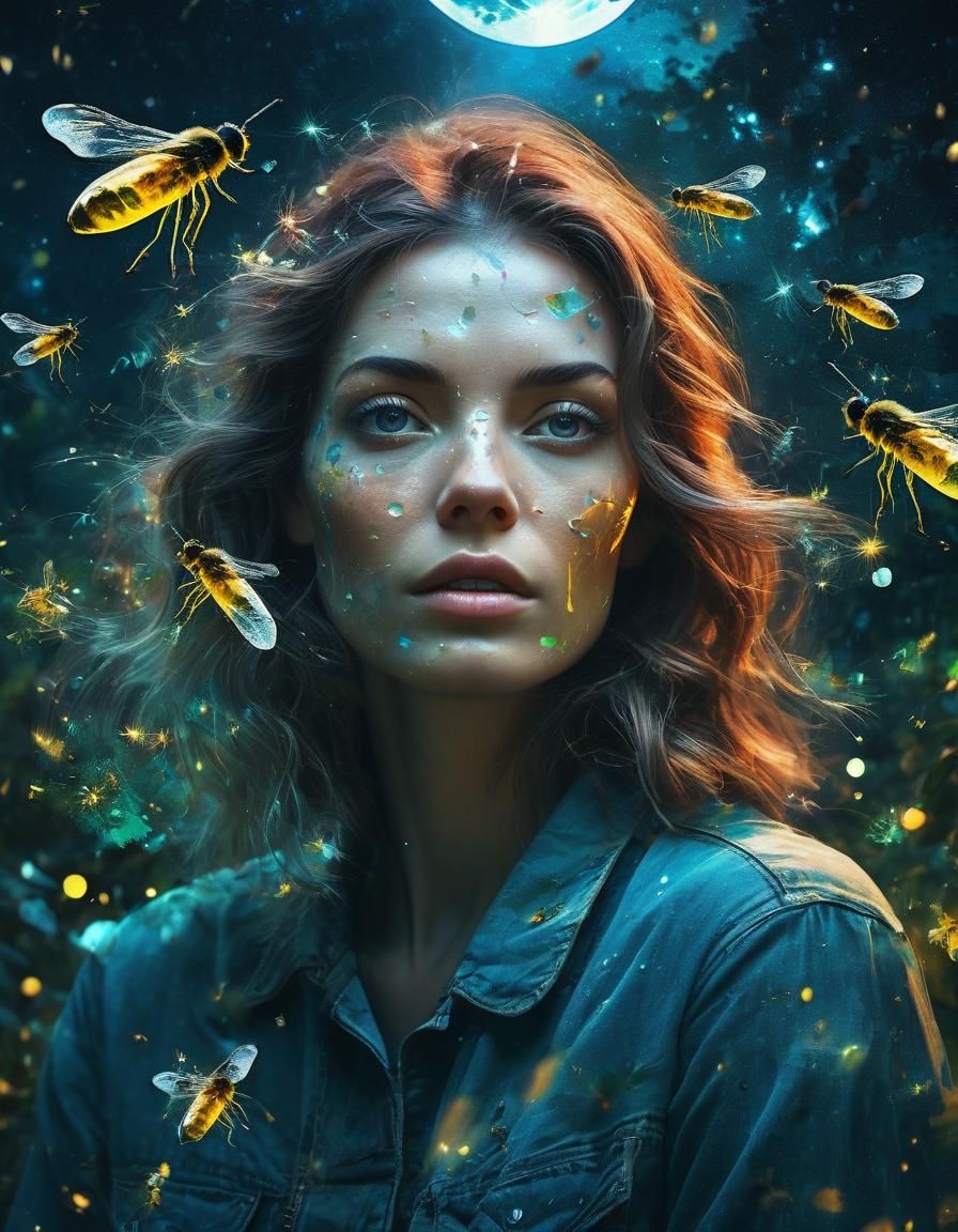 Surreal Girl with Fireflies in Double Exposure Collage