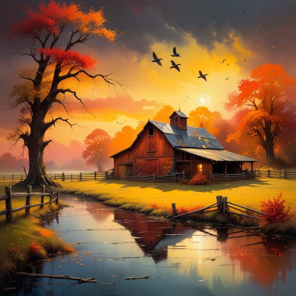 Rustic Barn at Dusk with Autumn Horses and Mallard Ducks