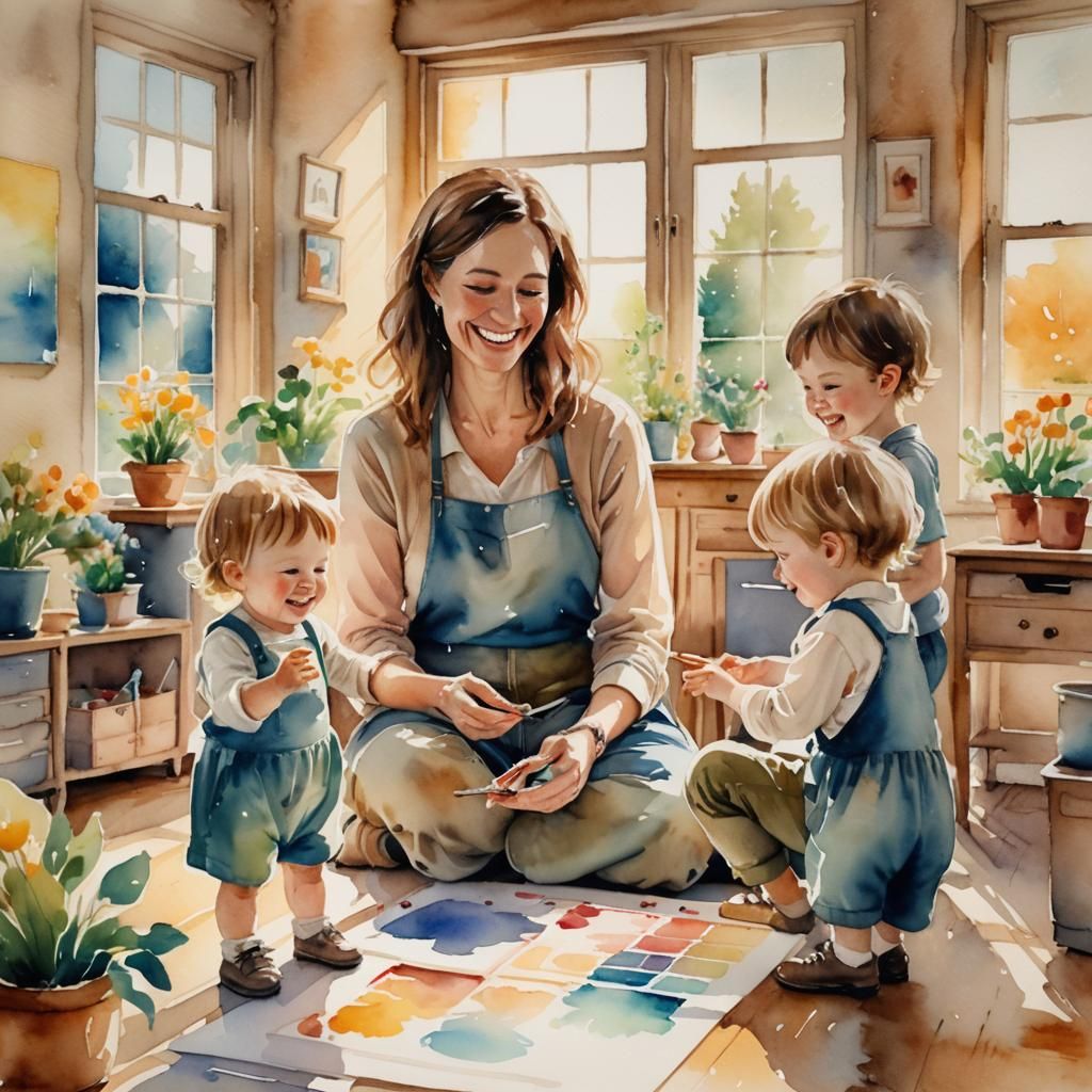 Teacher and Children in Watercolor Nursery Scene