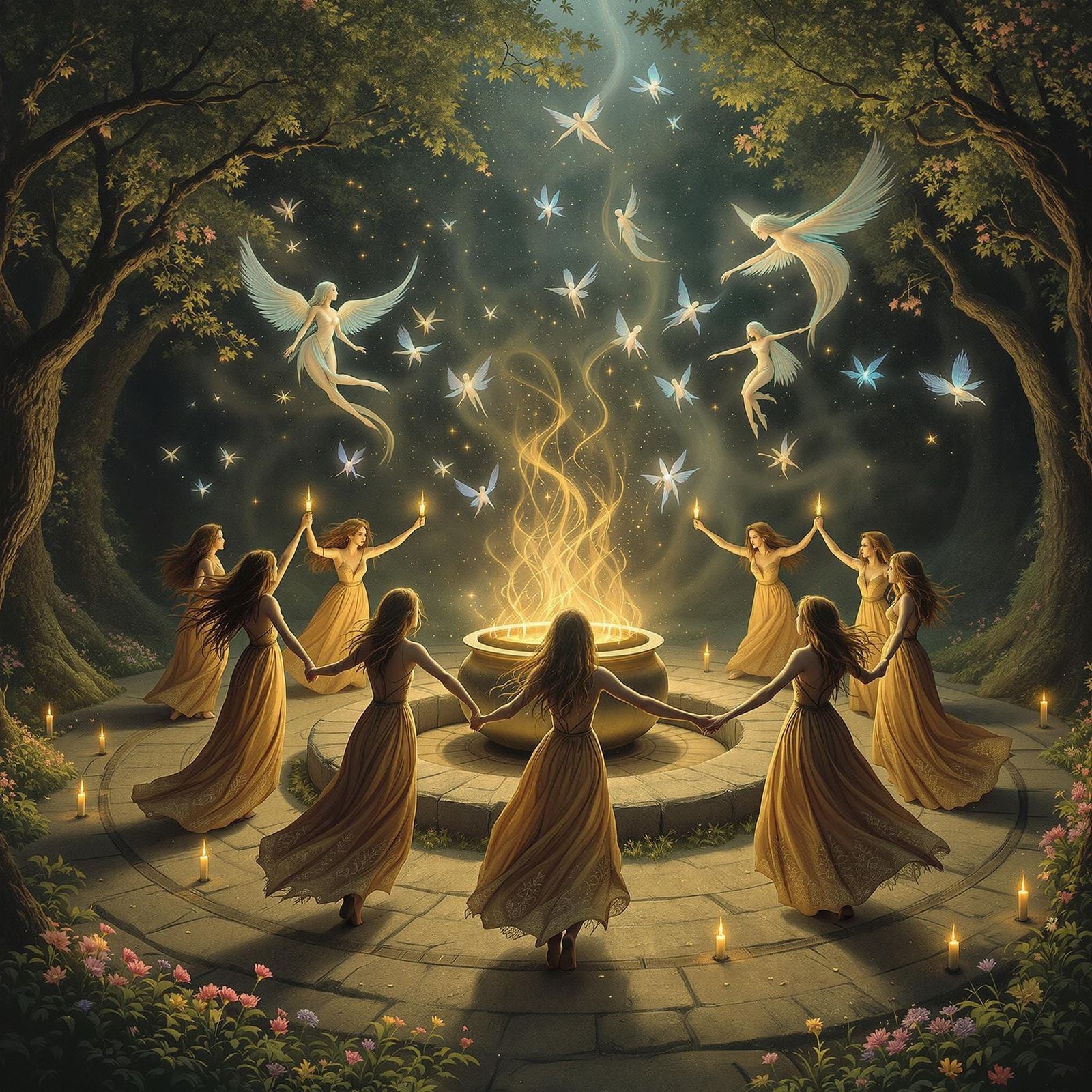 Earth-Toned Goddesses Dance in Ancient Stone Circle