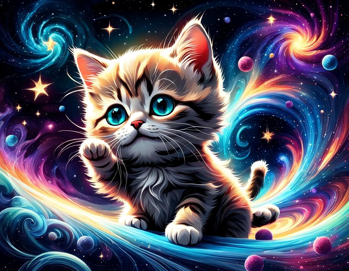 Whimsical Universe with Kitten and Swirling Galaxies
