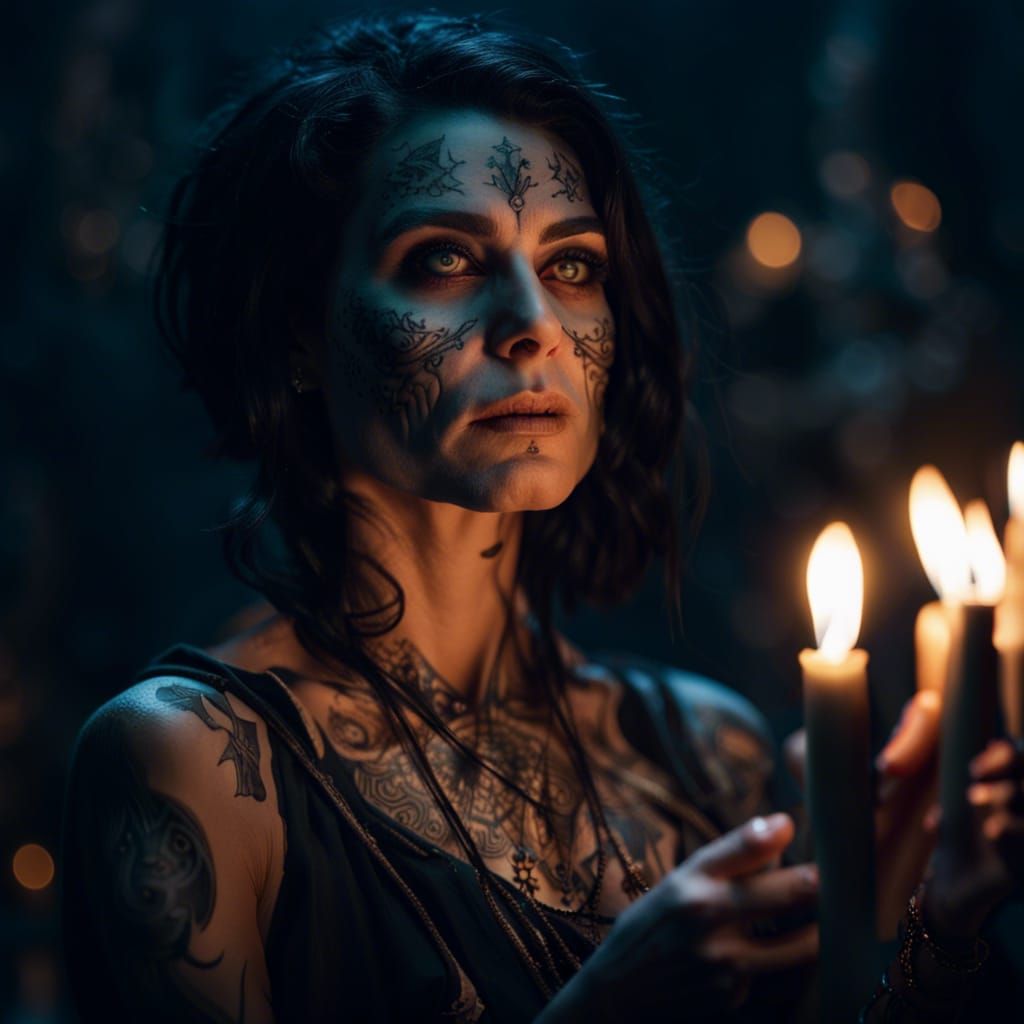 Dark-Haired Necromancer Recites Enchantments in Candlelight