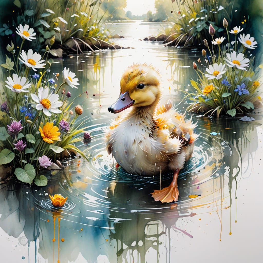 Playful Duckling in Sunlit Garden, Watercolour Style
