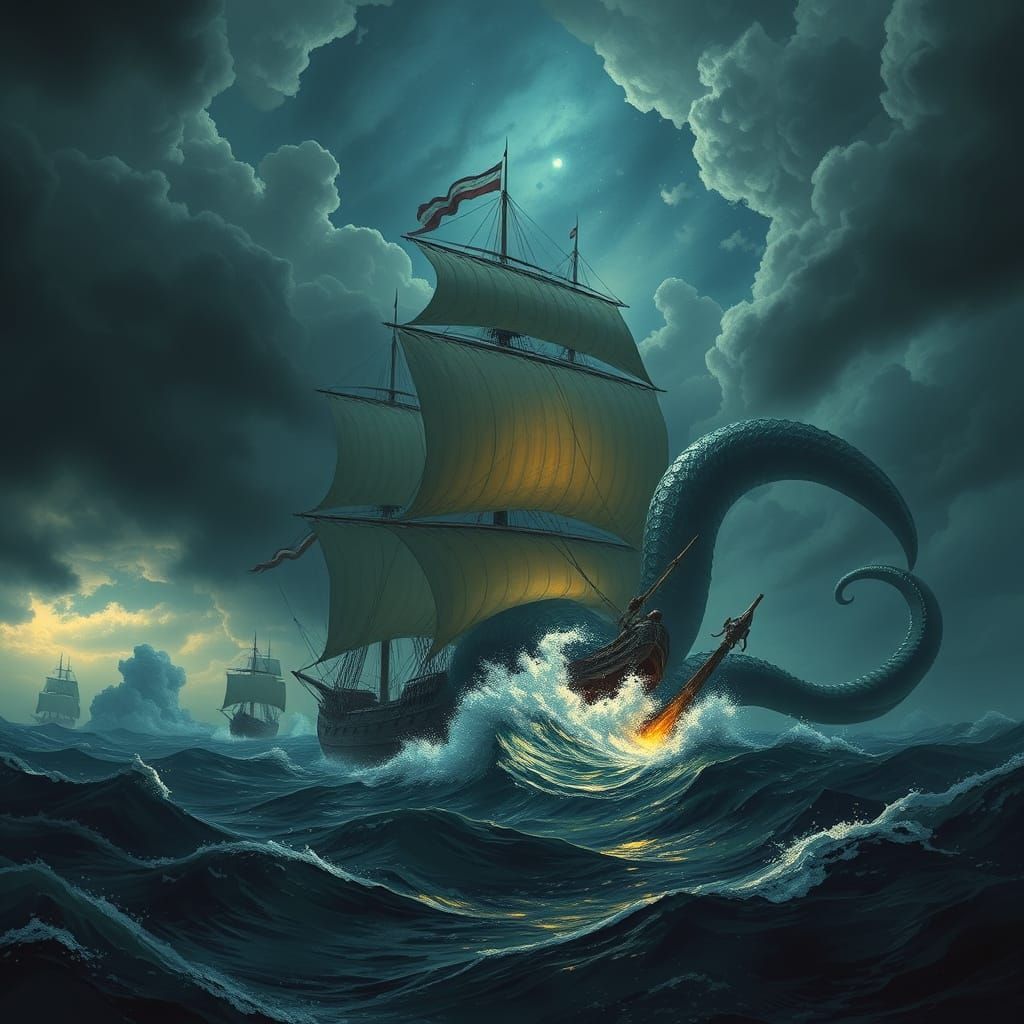 17th Century Warship Battles Gigantic Kraken in Turbulent Se...