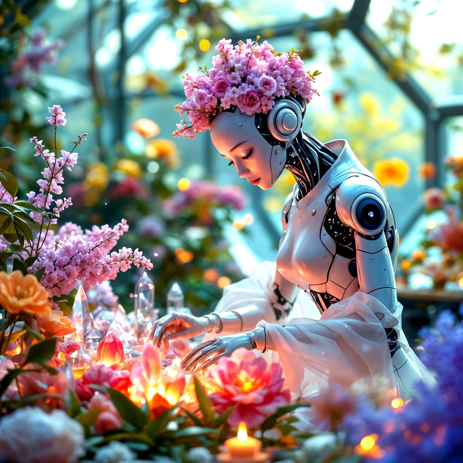 Ethereal Android Arranging Crystals and Flowers