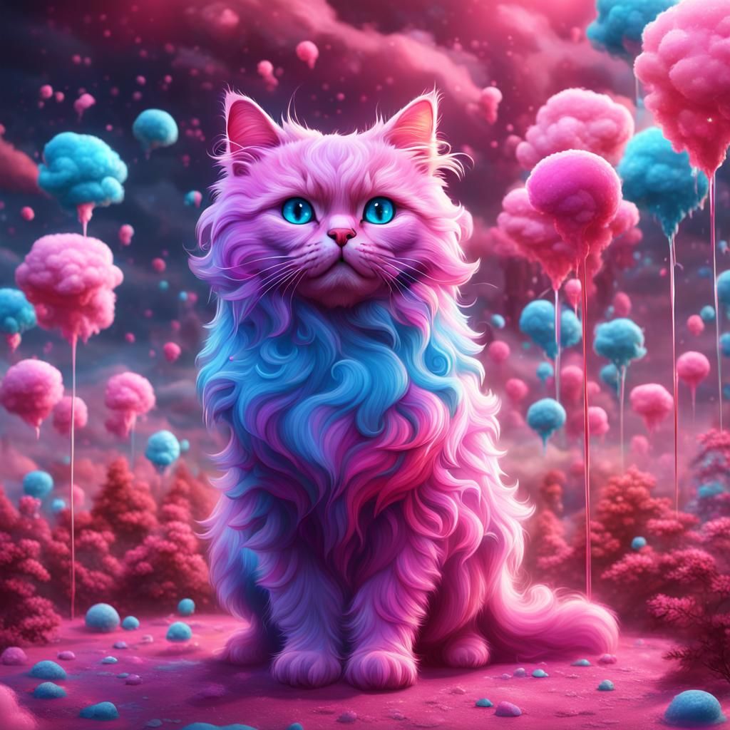 Fantastical Cotton Candy Cat: Detailed Digital Painting