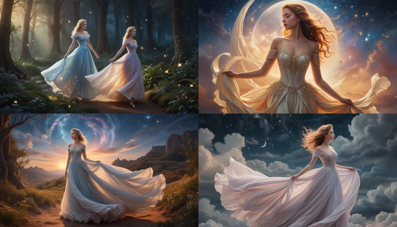 Cinderella Dancing Under Starry Skies in Whimsical Watercolo...