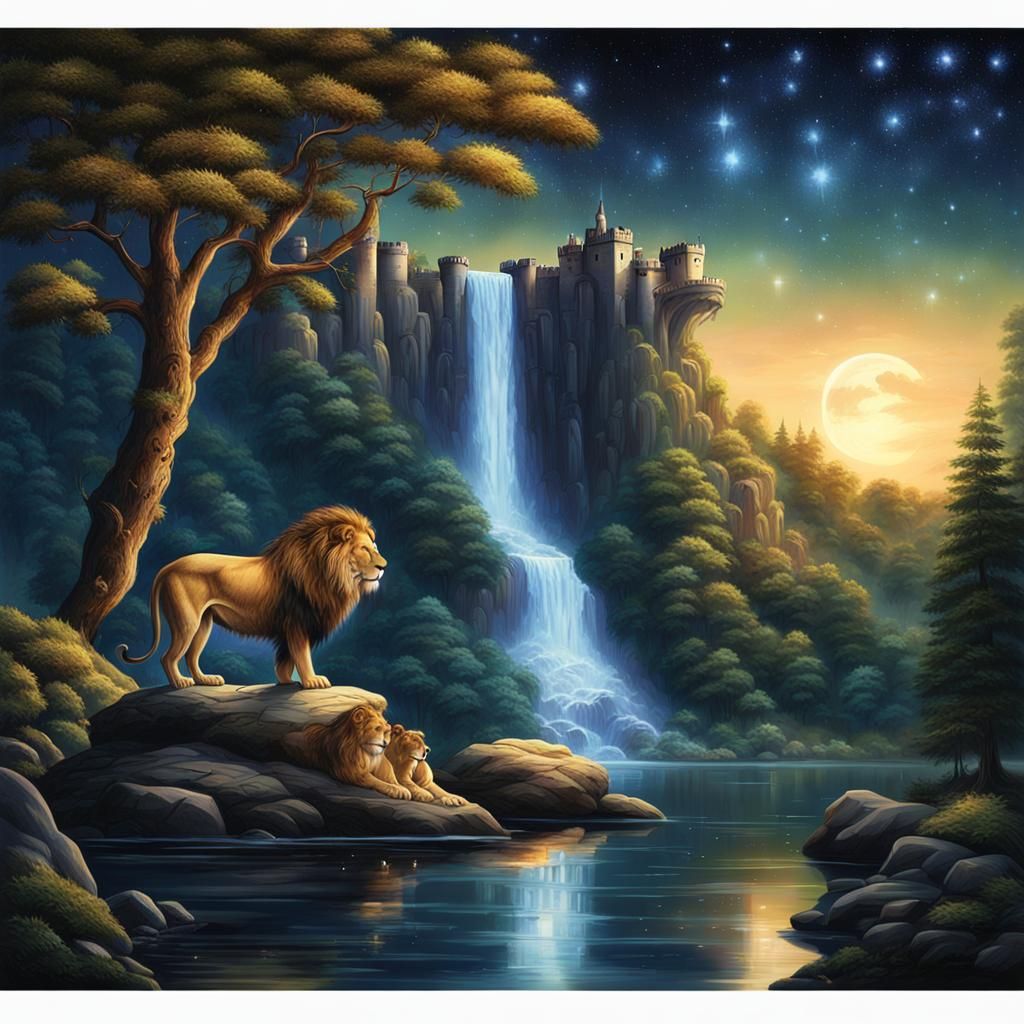 Majestic Lions at Night by Waterfall with Castle