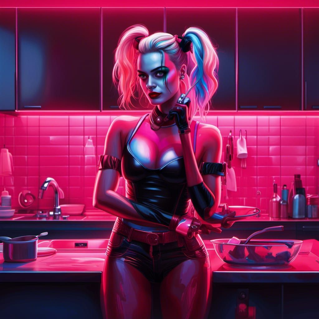 Harley Quinn Washing Dishes in Neon Style