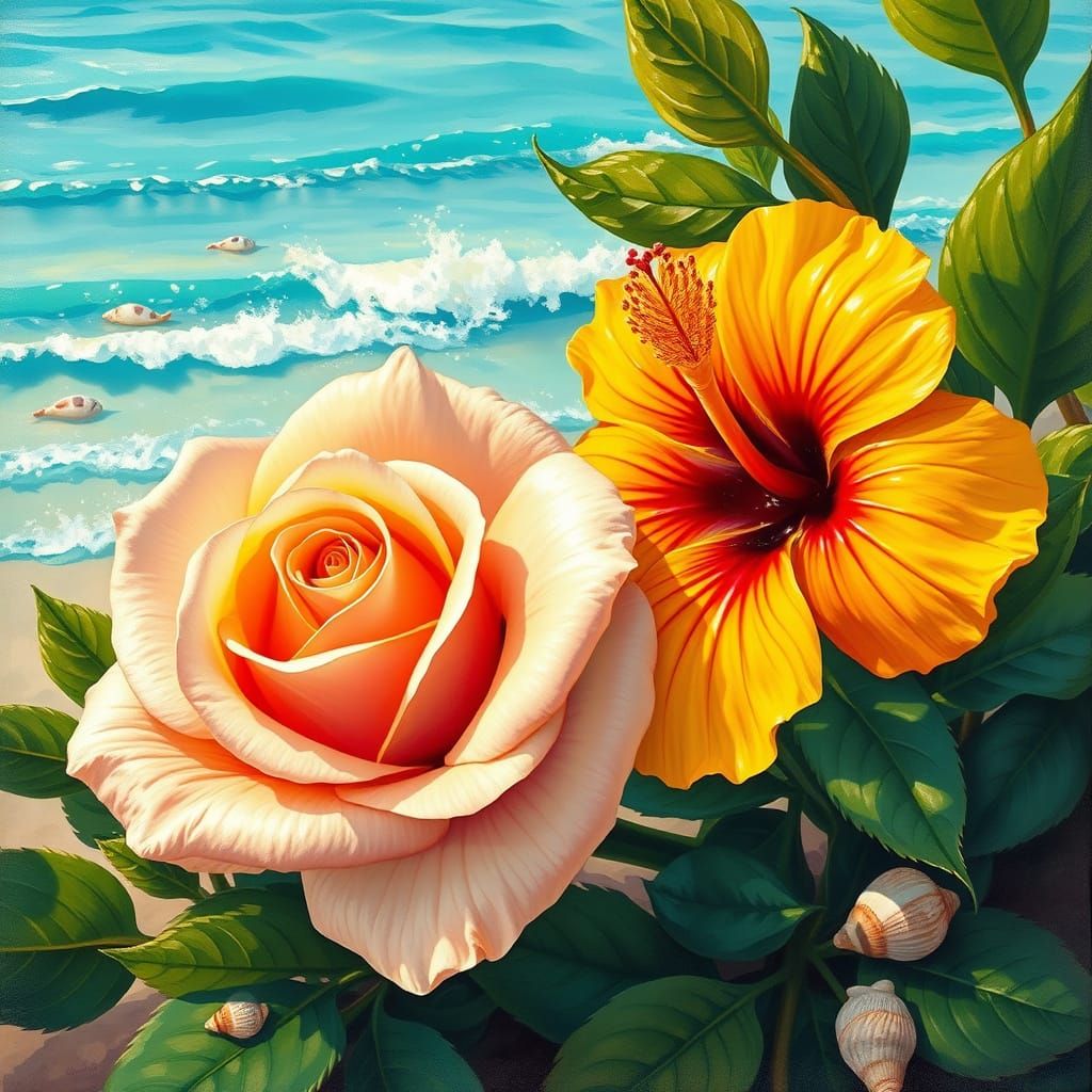 Vibrant Floral Beach Scene in Impressionist Style