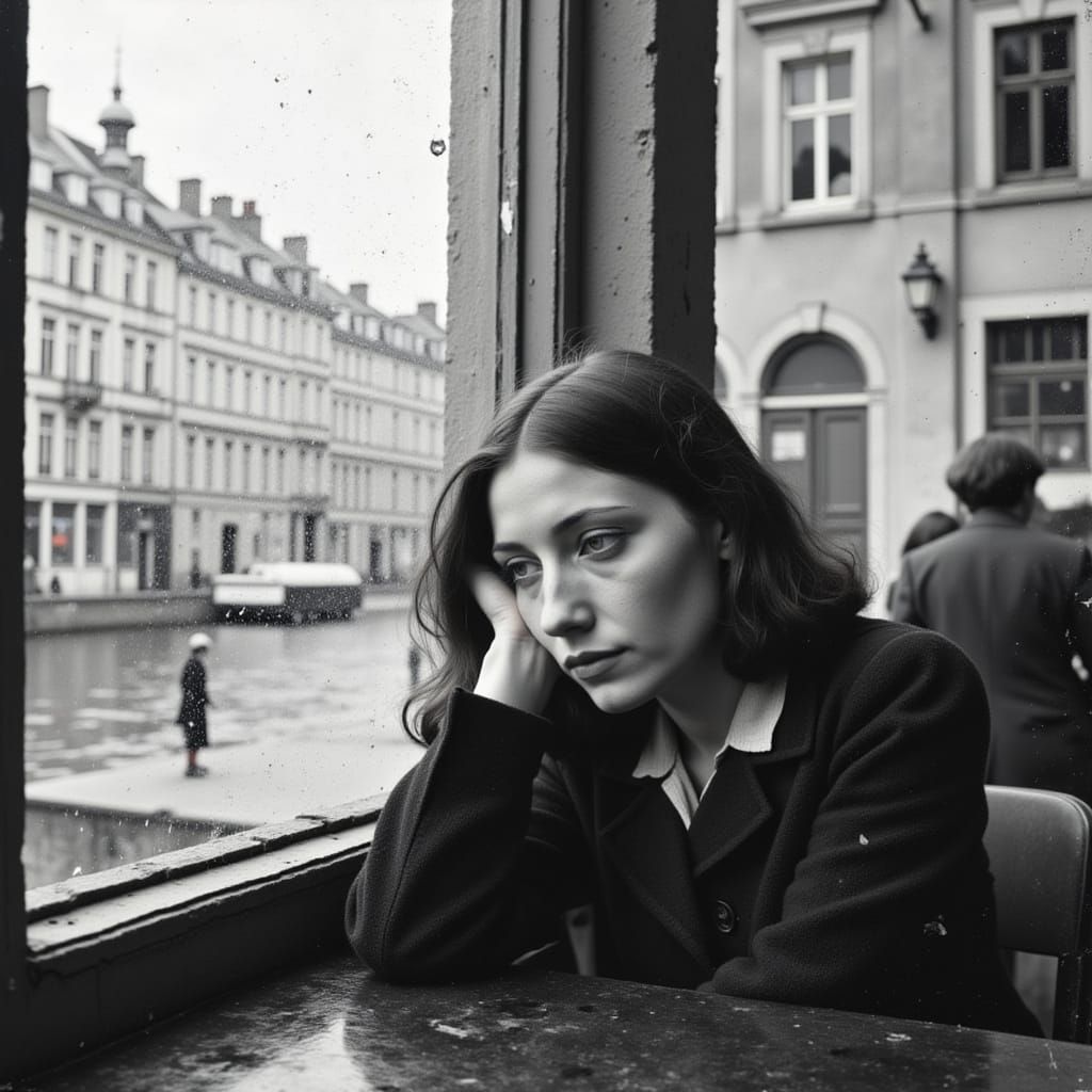 Woman in Cafe Reflected in Rainy Window