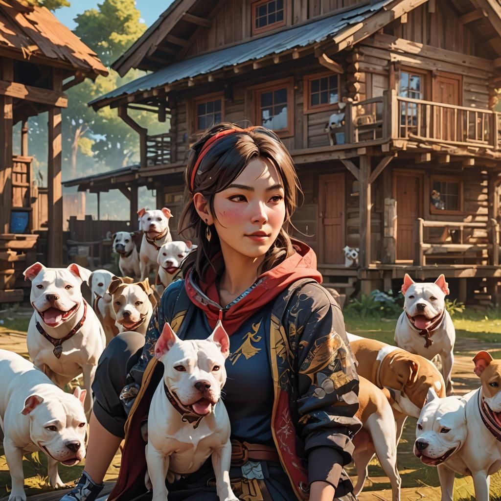 Anime Woman with Pitbulls in 3D Rendered Landscape