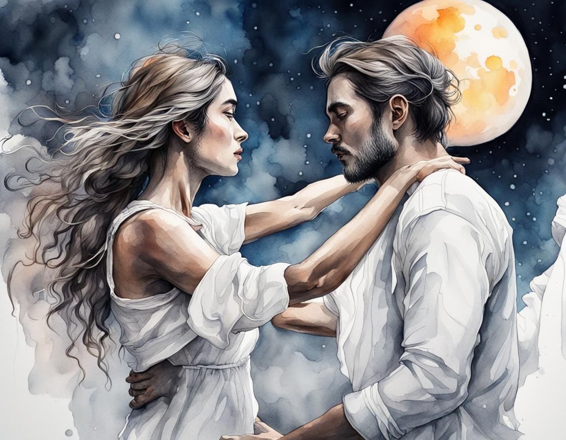 Couple Dancing Under Moon in Watercolor Style