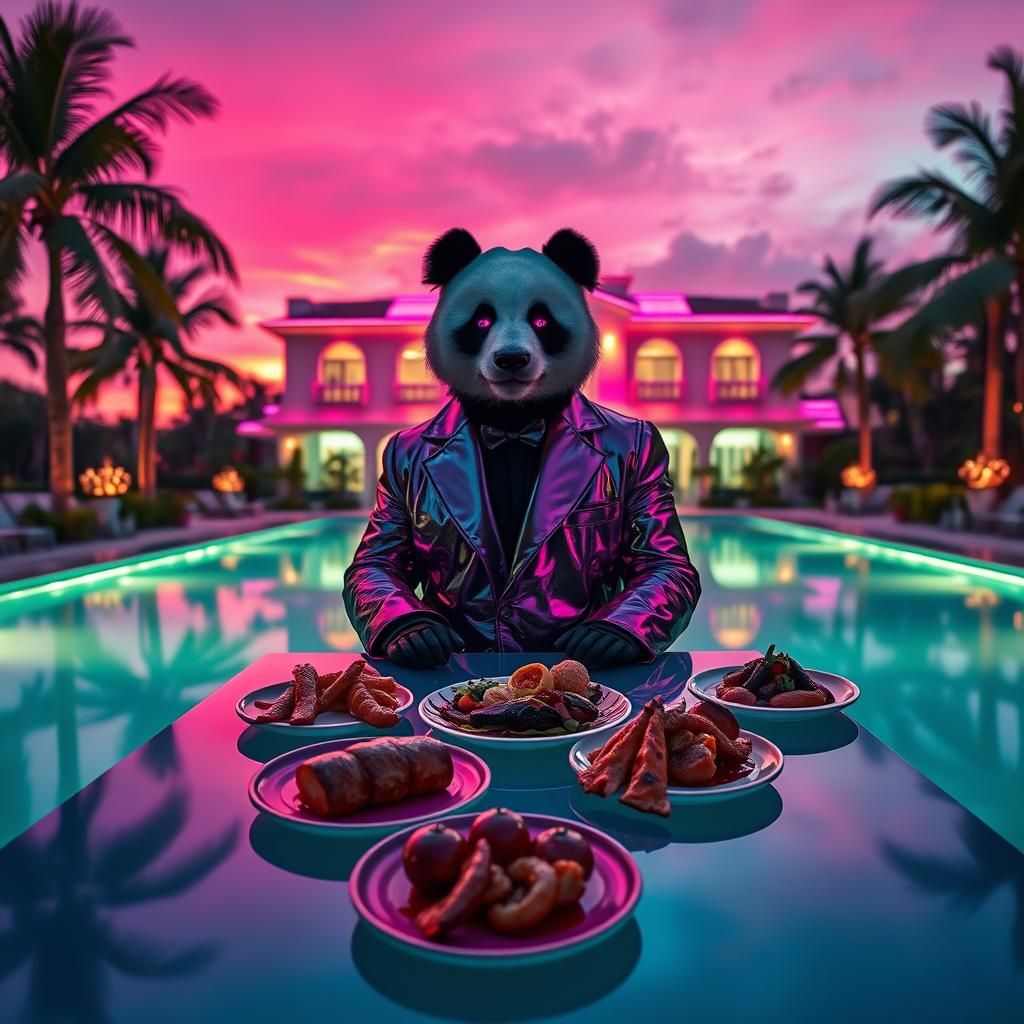 Cyberpunk Panda's Miami Poolside Feast