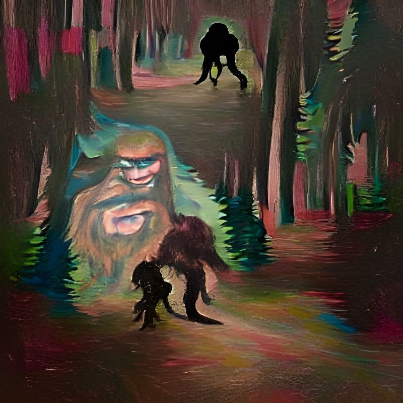 Sasquatch Stalks Goblin in Dark Forest Painting