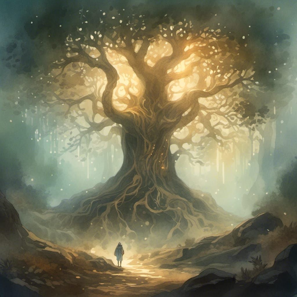 Yggdrasil in Mystical Forest: Watercolor Art