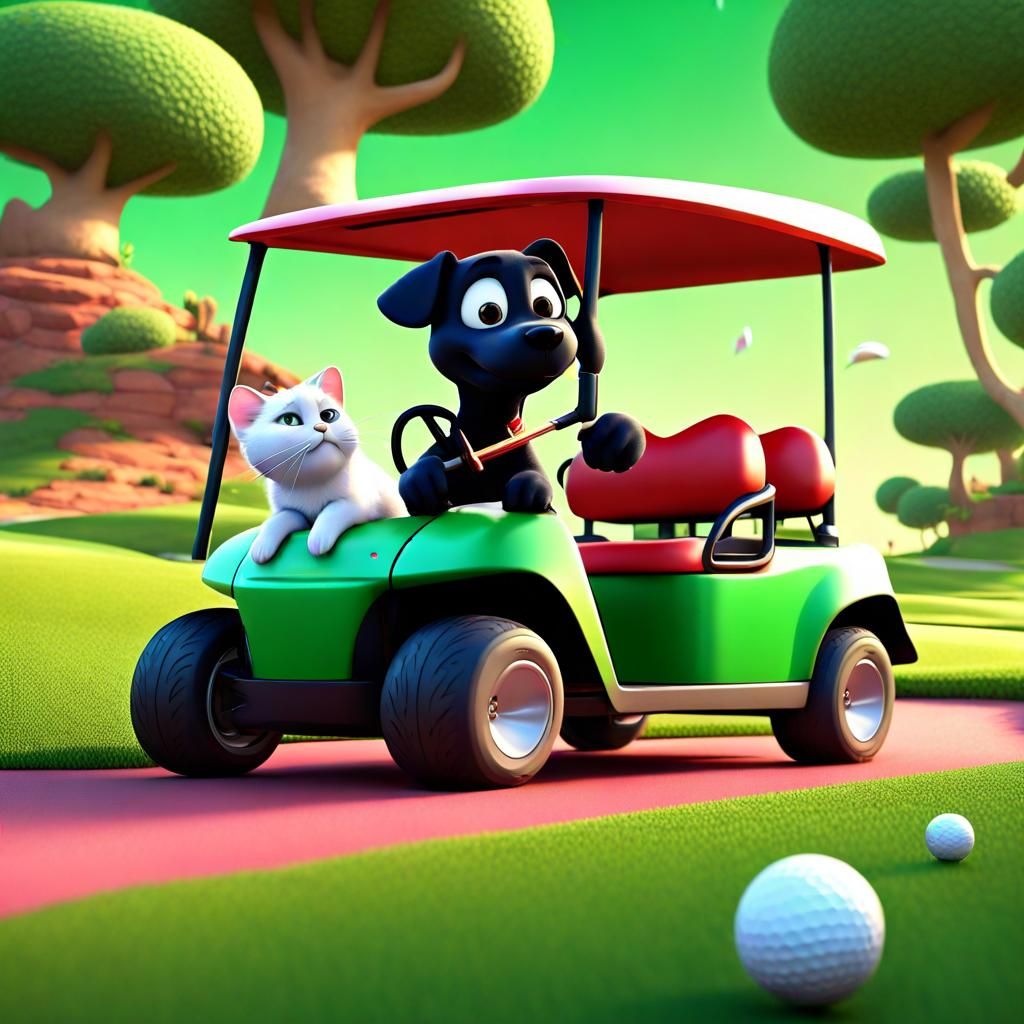 Dog Golfing with Cat: Pixar-Style 3D Digital Art