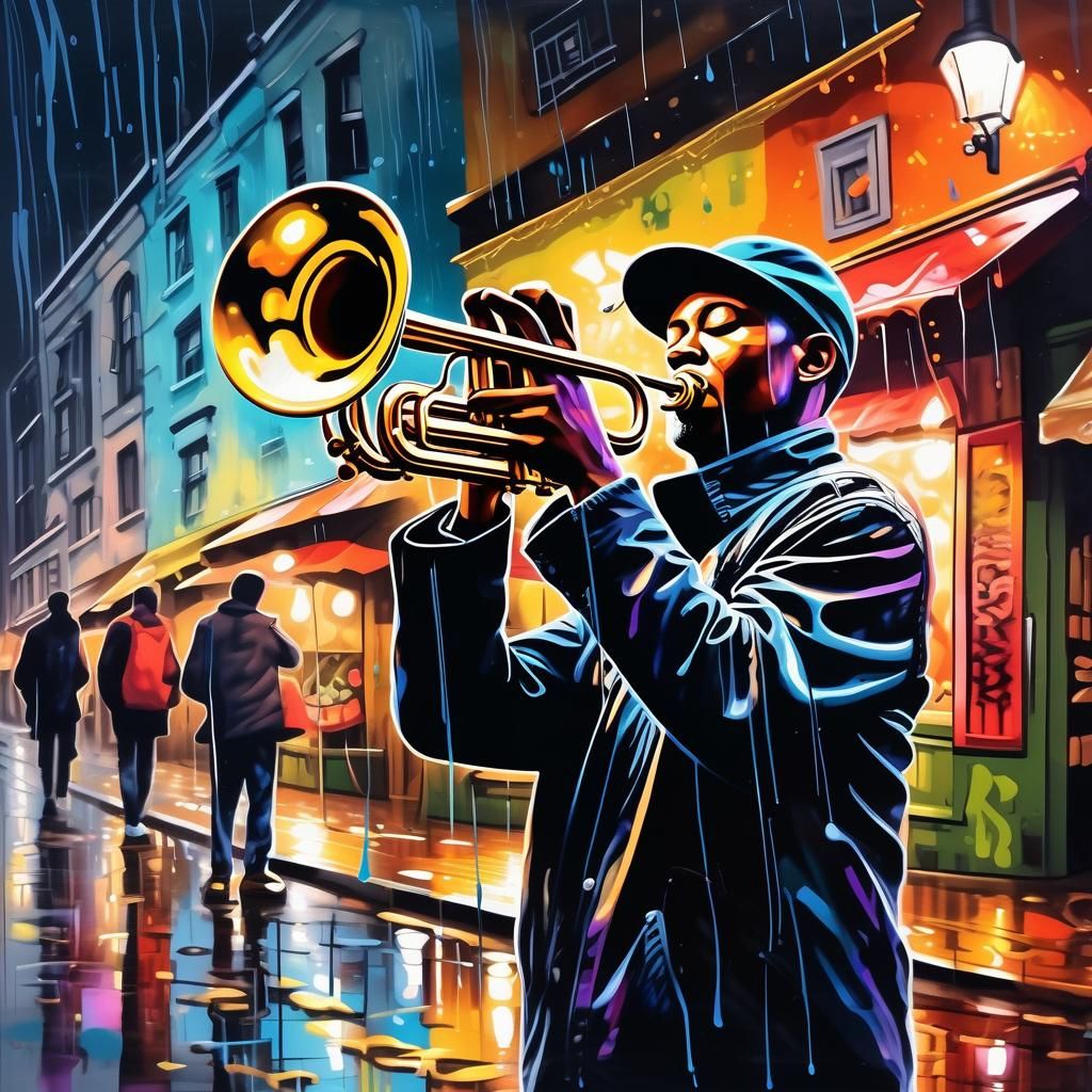 Trumpet Player in Rainy Graffiti Art Cafe