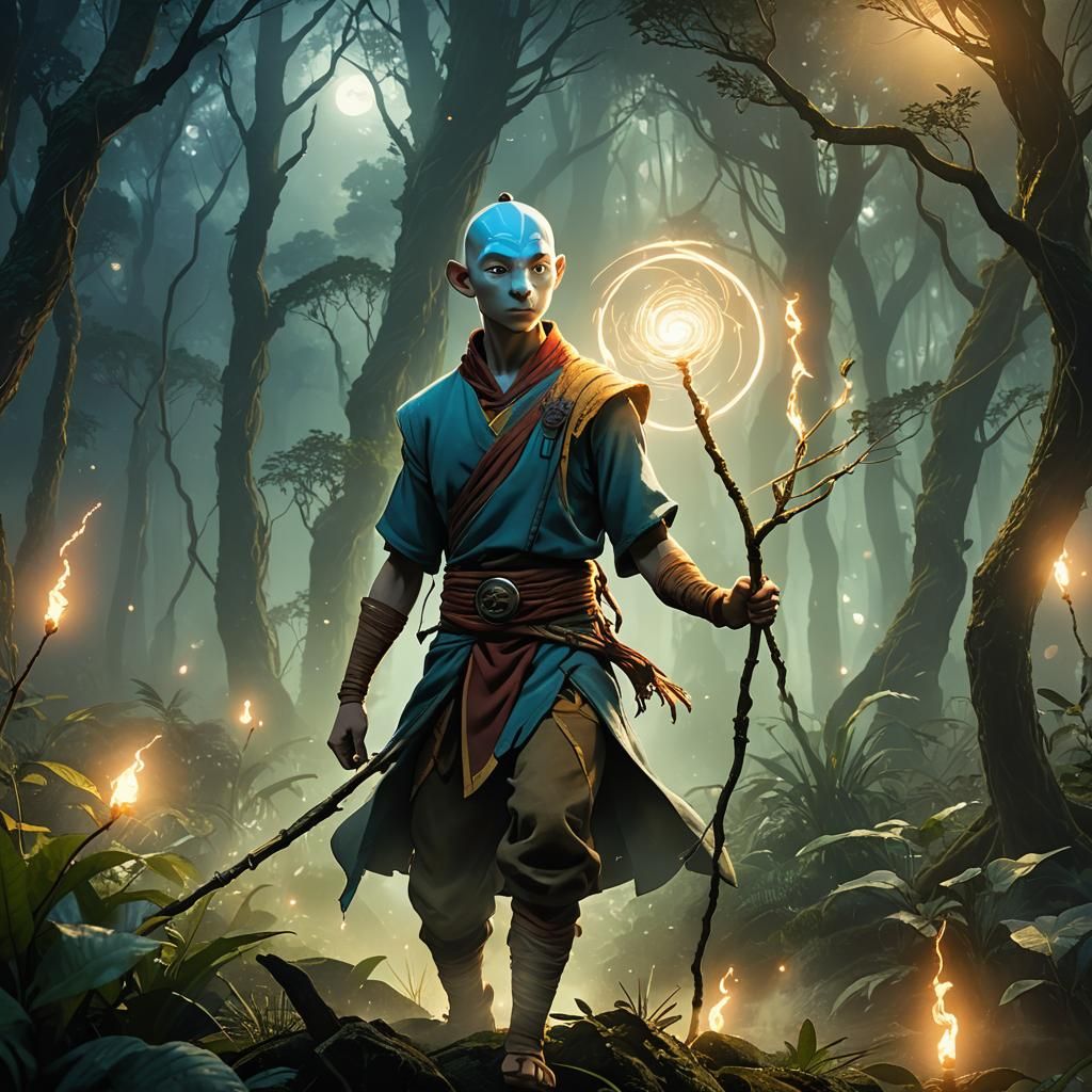 Aang in Moonlit Forest: Fantasy Concept Art