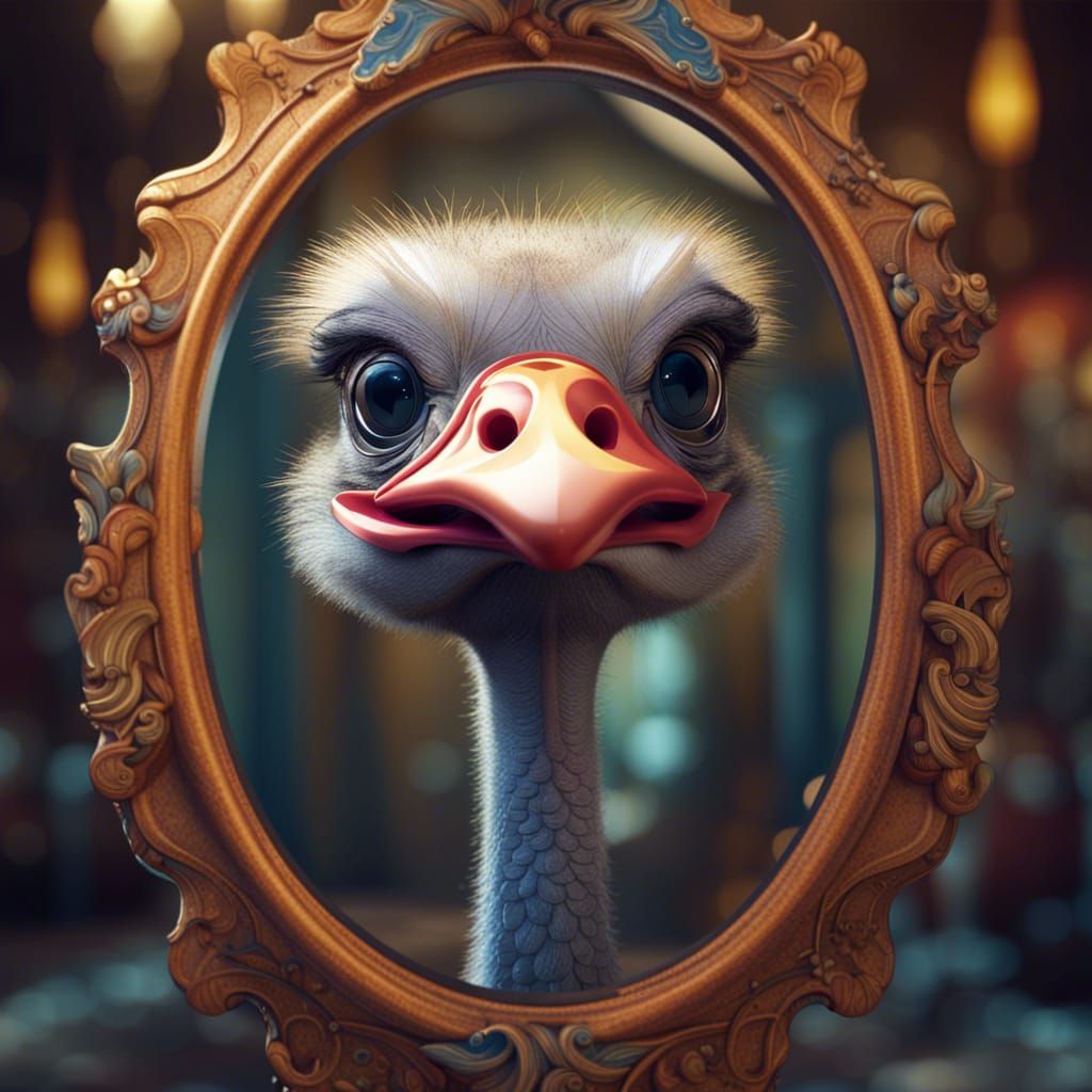Ostrich with Silly Grin Gazing in Mirror