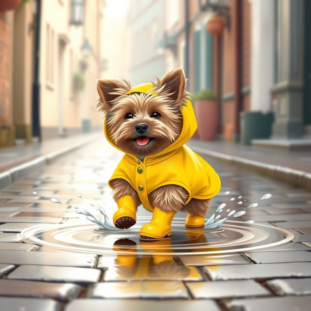 Adorable Yorkshire Terrier Splashing in Puddle