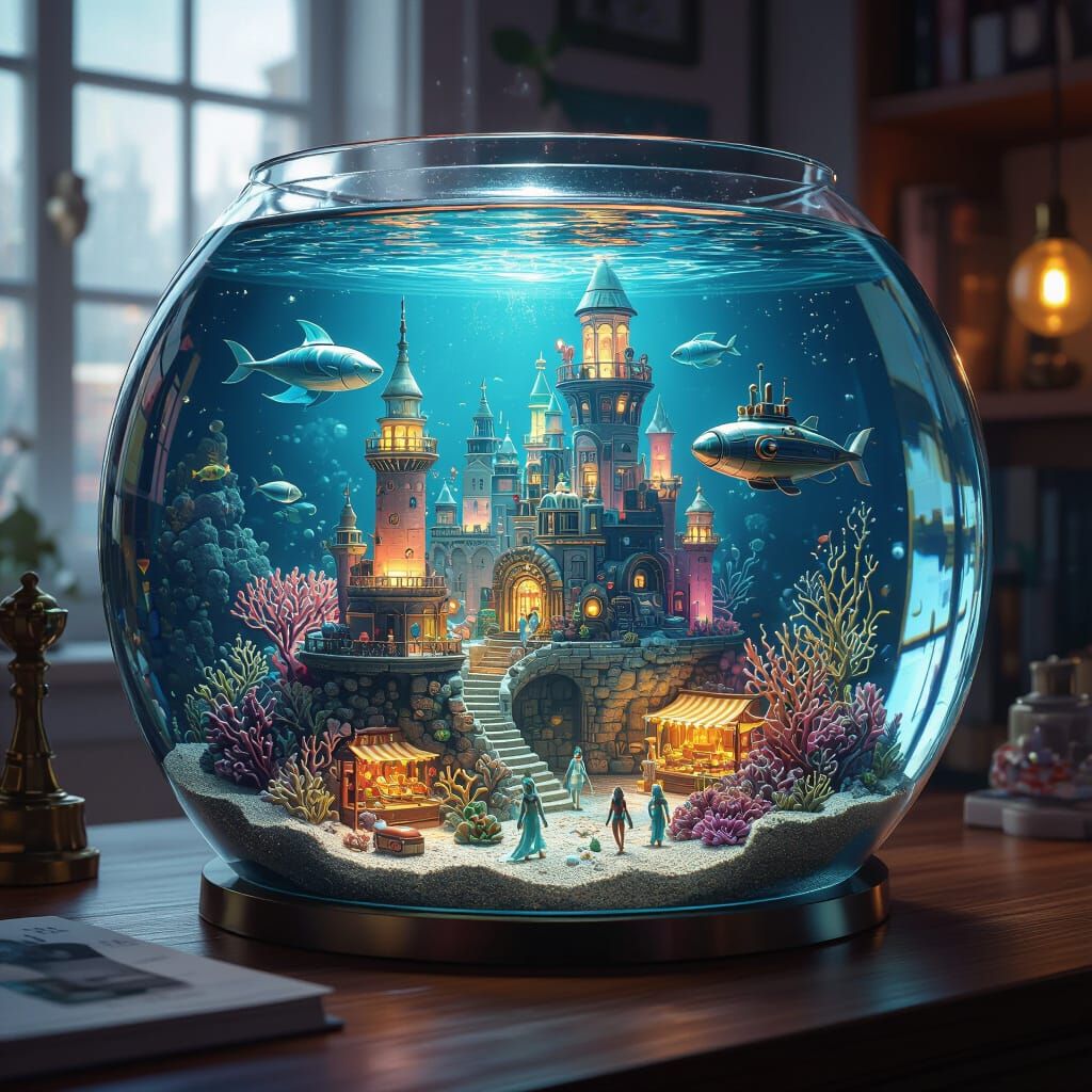 Underwater City Aquarium with Merfolk and Steampunk Lighting