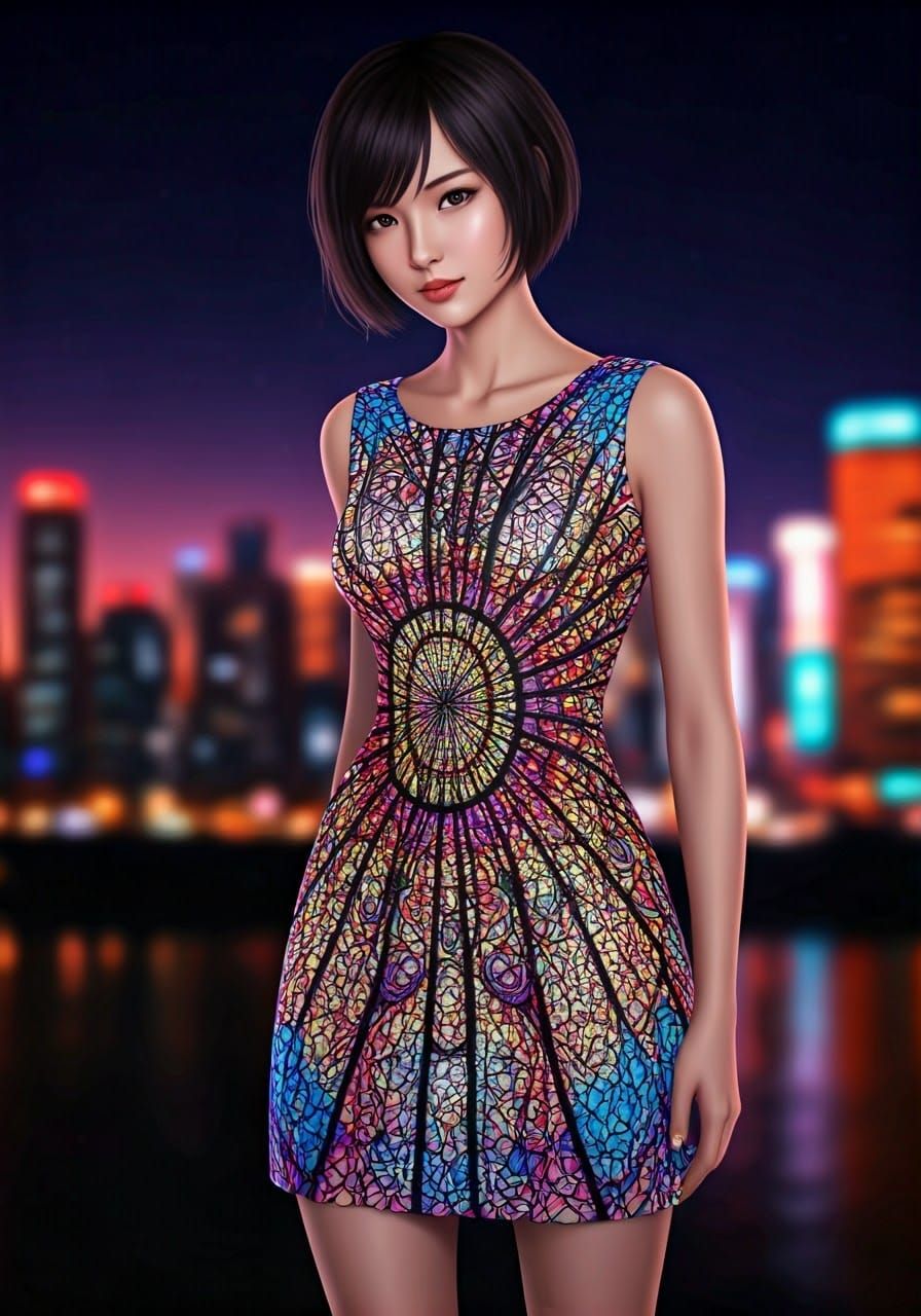 Japanese Woman with Mandala Dress in Cityscape