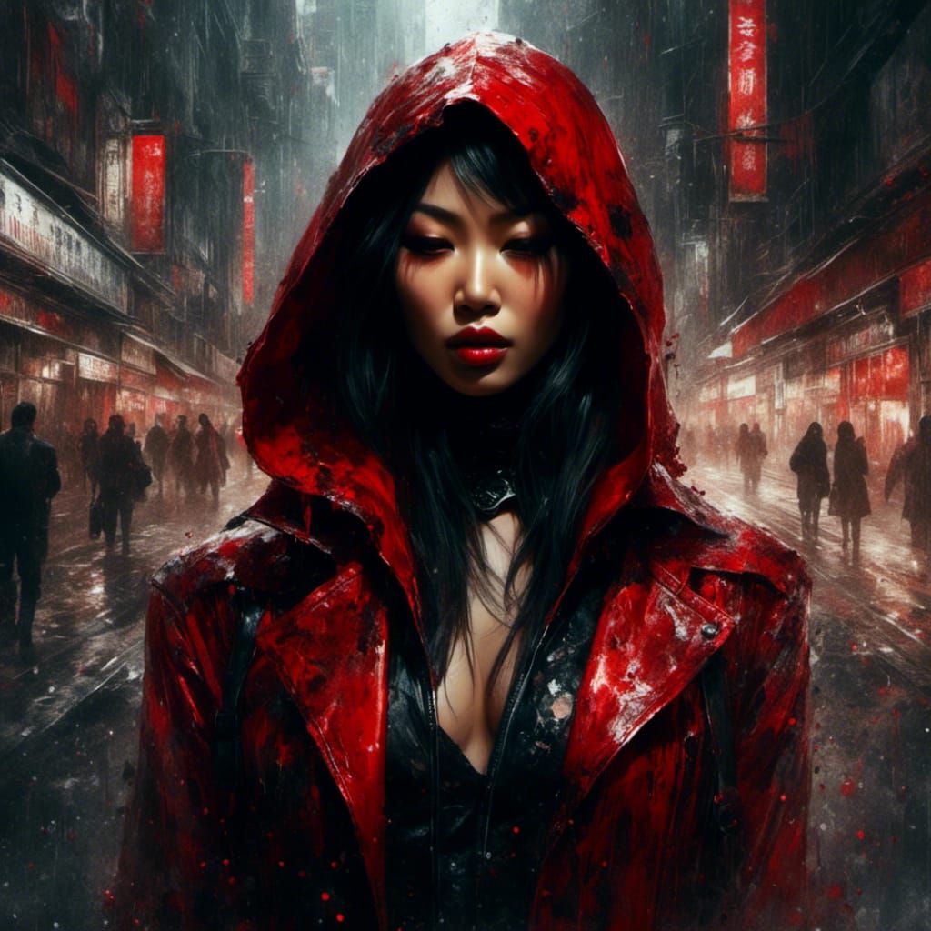 Dark Asian Mistress Portrait in Macabre Splash Art Style