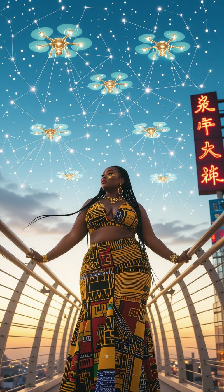 Futuristic Black Woman on Skybridge Market at Dusk