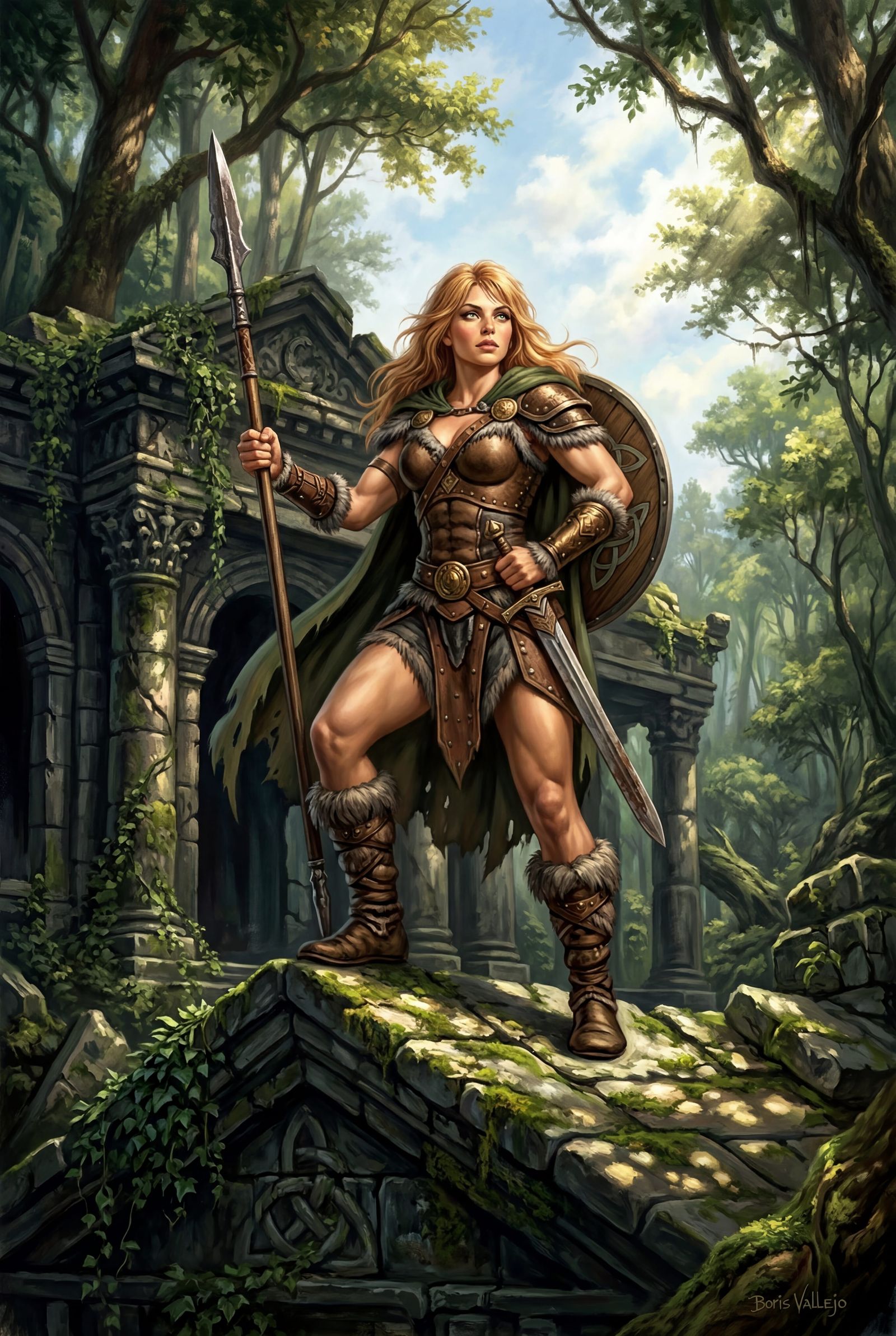 Barbarian Warrior in Forest Temple, Boris Vallejo Style