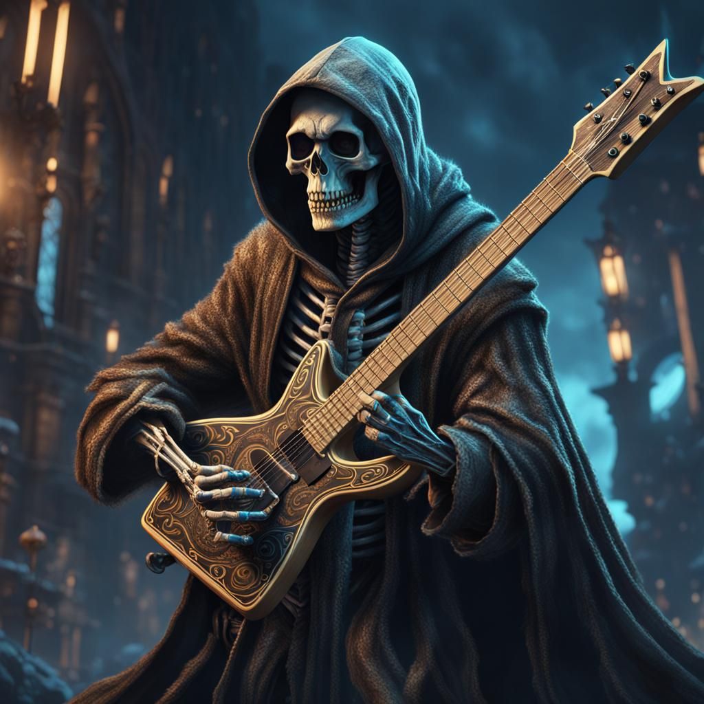 Skeleton Guitarist in Hooded Cloak