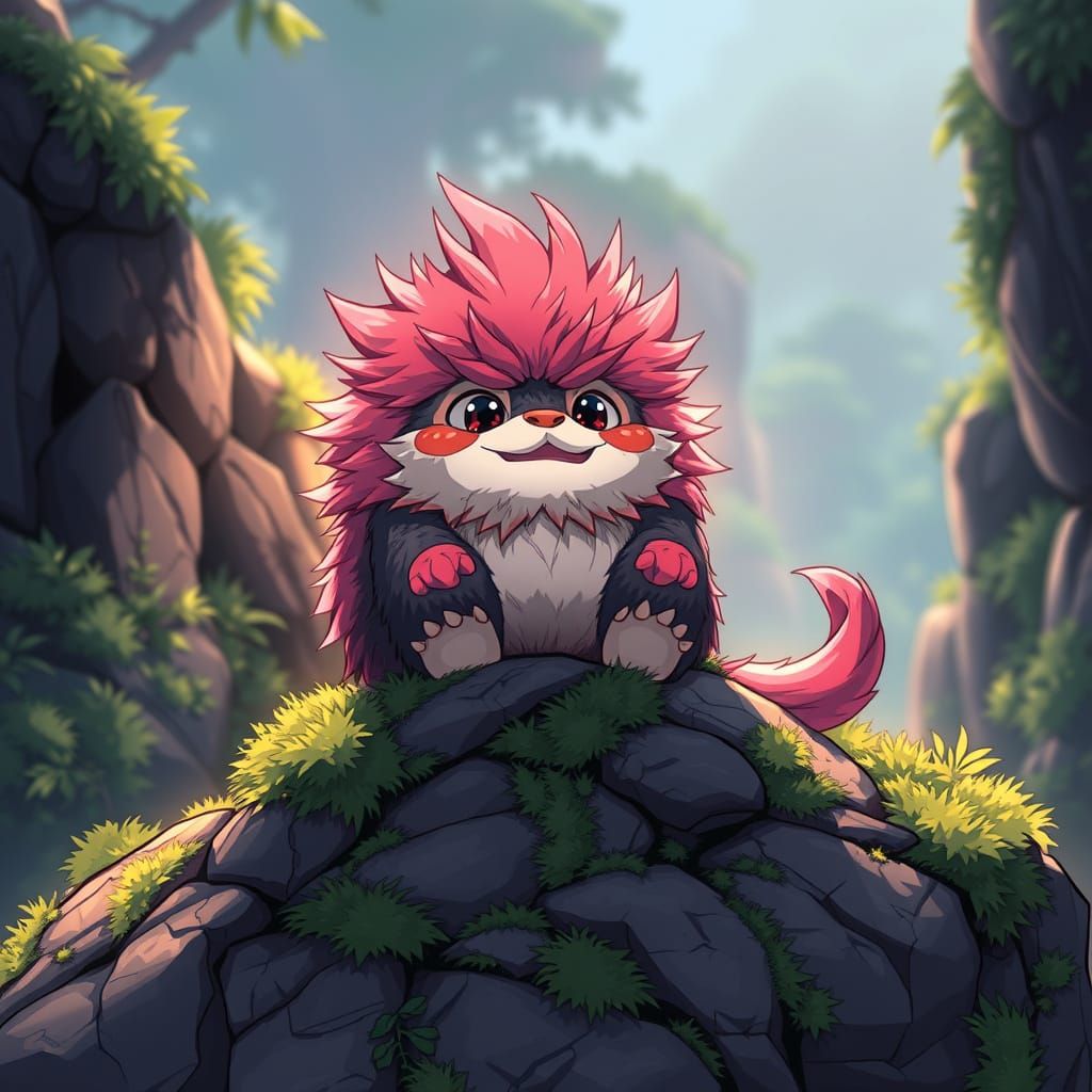 Cute Monster Sits on Rock in Vibrant Anime Style