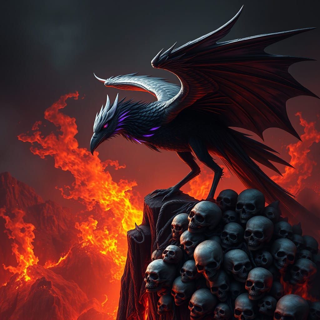 Cyberpunk Dragon Crow Hybrid Reigns Over Hellish Landscape