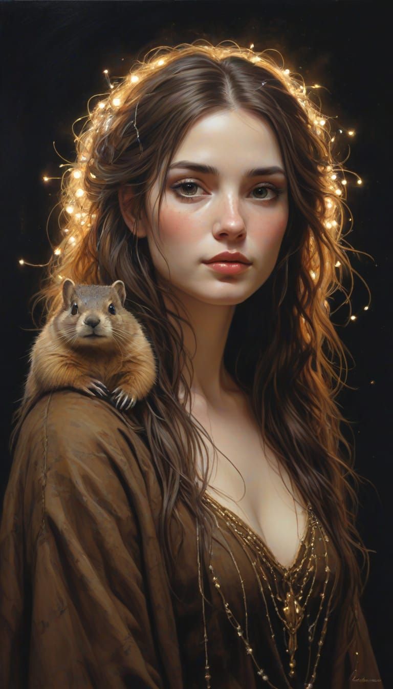 Woodchuck Enchanted in Vibrant Fairy Lights and Golden Hues