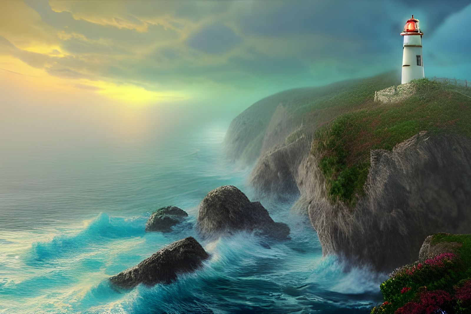 Ethereal Lighthouse on Cliff in Fantasy Style