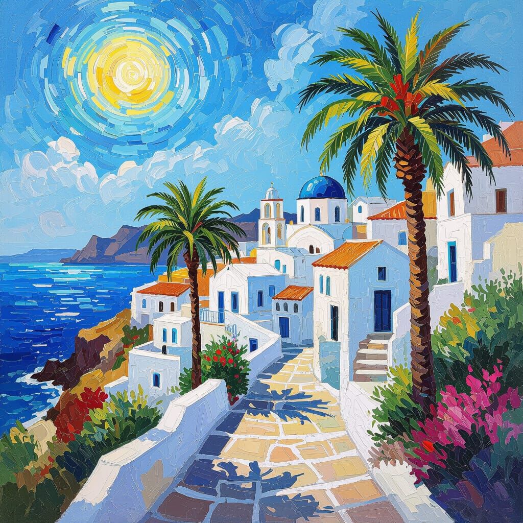 White European Coastal City in Van Gogh Style