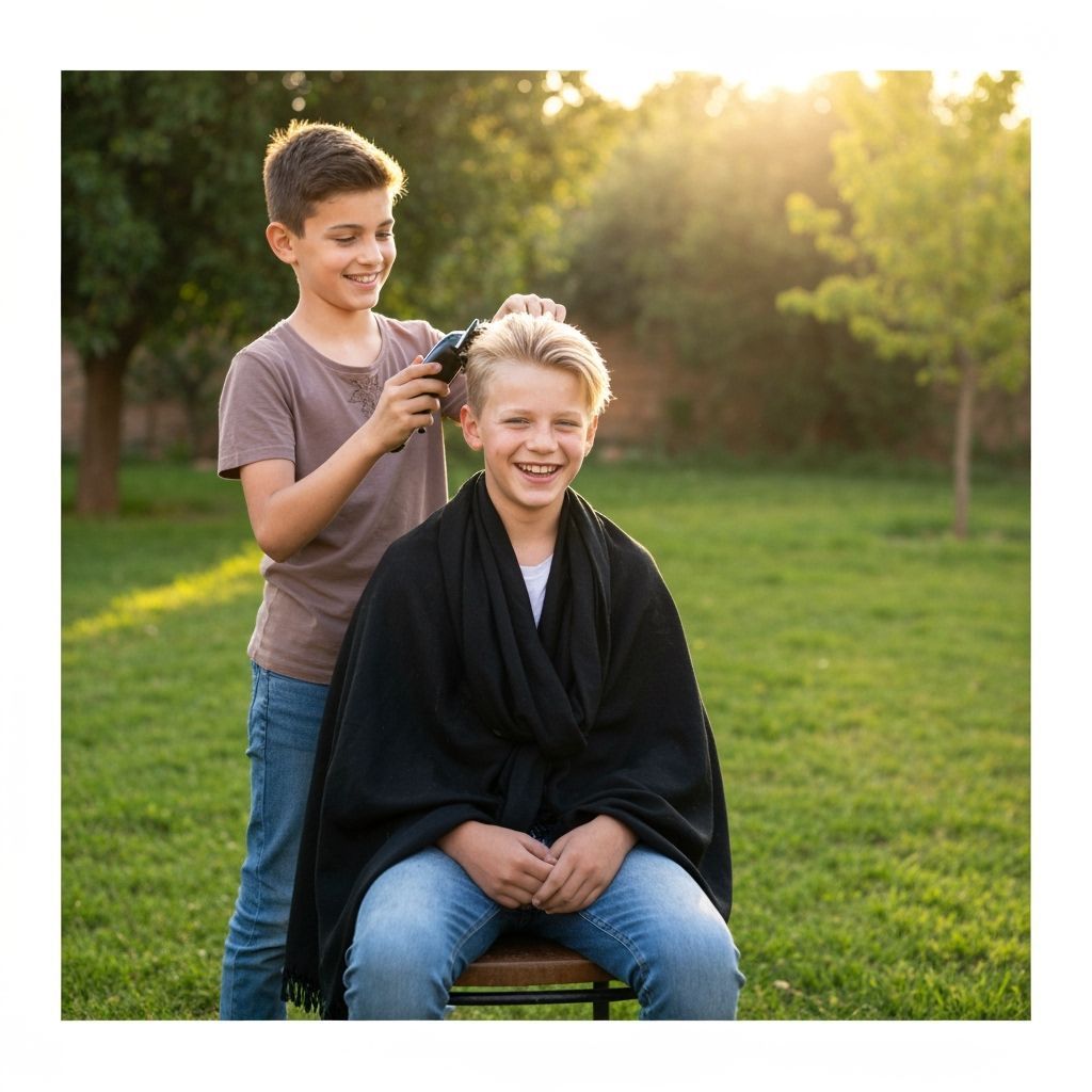Boy Getting Haircut in Sunny Yard